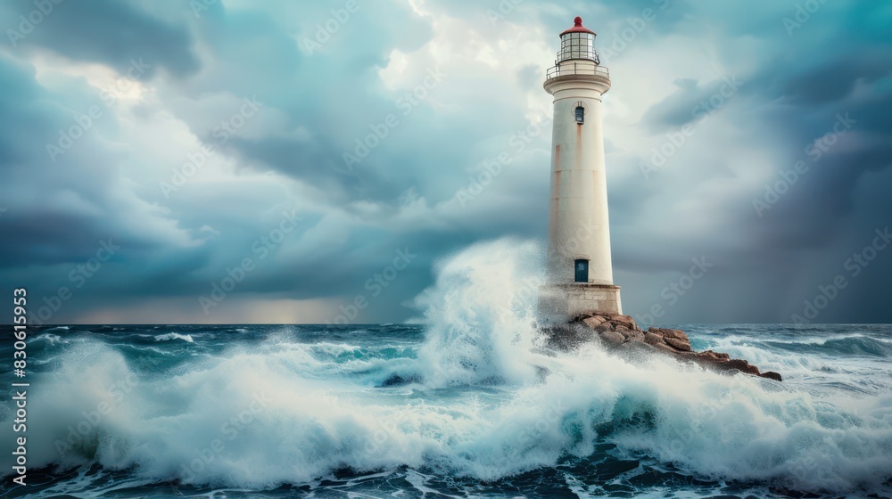 The Lighthouse of Guidance: Photograph a solitary lighthouse standing tall against the backdrop of a stormy sea, serving as a beacon of hope and guidance for travelers navigating.