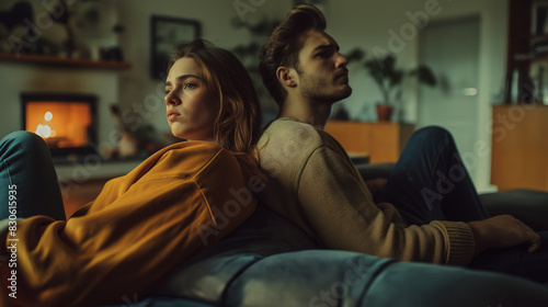 A tense and emotional scene portraying a young couple sitting on a sofa at home, visibly ignoring each other after a disagreement, conveying palpable tension and emotional distance