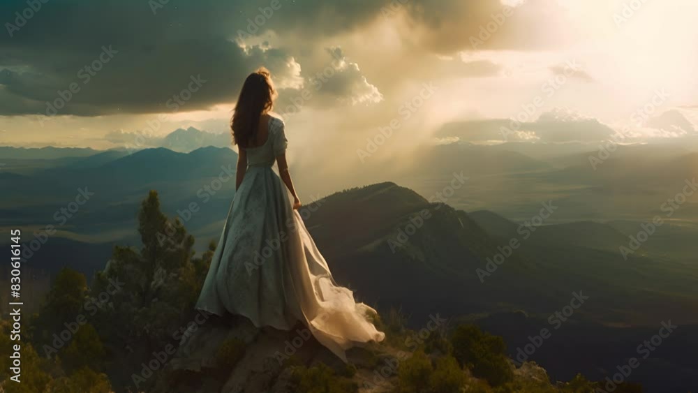 A woman in a flowing dress stands atop a hill, overlooking a dramatic landscape with sunbeams piercing clouds A woman in a flowing dress stands atop a hill, overlooking a dramatic landscape with sunbeams piercing clouds