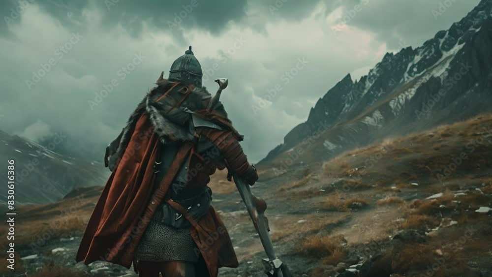 A solitary knight in armor stands against majestic mountains, evoking a sense of adventure and valor A solitary knight in armor stands against majestic mountains, evoking a sense of adventure and valor