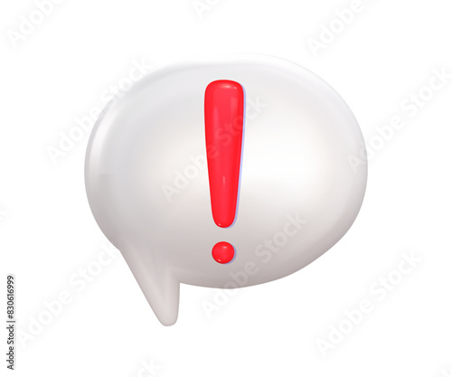3d red exclamation mark on dialogue balloon. Alert or error sign 3d vector render. Exclamation icon mark red color on white bubble