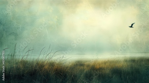 Fototapeta Naklejka Na Ścianę i Meble -  Melancholic Horizon: Paint a landscape draped in muted hues, soft textures, and gentle curves, conveying a sense of introspection, longing.