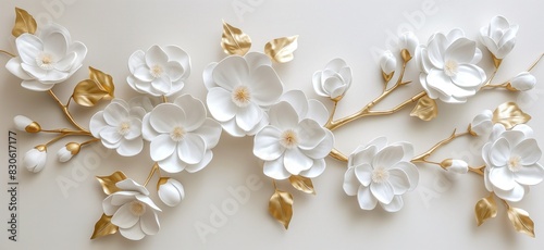White flowers with golden leaves on white background. White and golden luxury 3d floral background