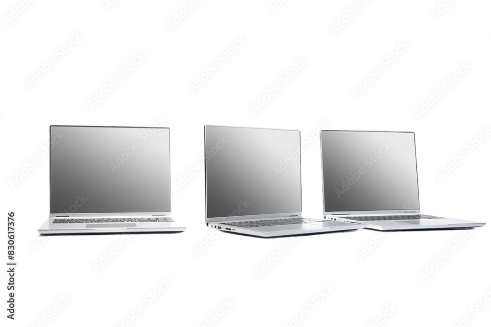 Technological Trinity: Three Luminous Laptops Enlightening the White Canvas on White or PNG Transparent Background. Technological Trinity: Three Luminous Laptops Enlightening the White Canvas on White or PNG Transparent Background.