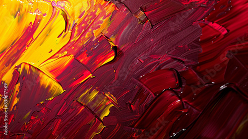 Close-up of an oil painting showcasing vibrant red and warm yellow hues with textured brushstrokes and palette knife effects, photo