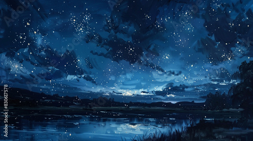 Deep navy blues and twinkling stars over a silent landscape  impressionistic oil painting of a summer night sky 