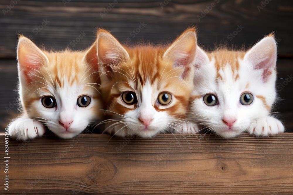 Adorable curious kittens peeking over a bright white surface with cute and inquisitive expressions