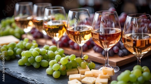 Elegant Wine Tasting Event with Cheese Pairings and Grape Centerpiece on Wooden Table