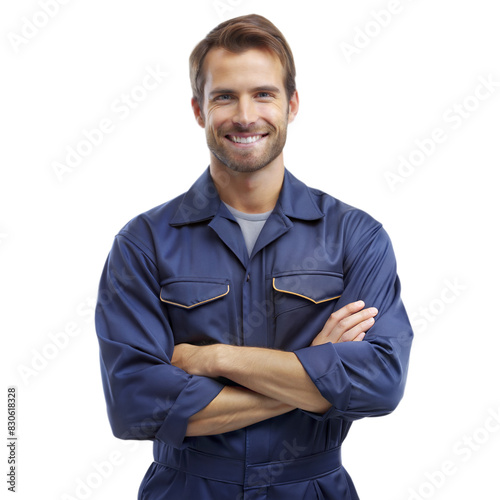 portrait of a mechanic man standing and folded hand isolated on white background