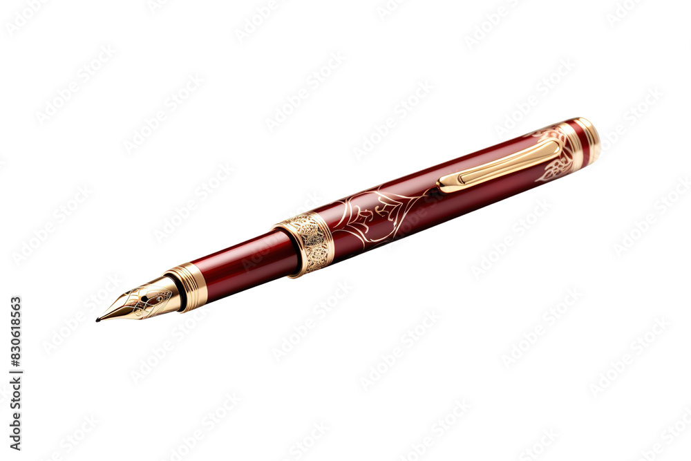 Scarlet Elegance: A Red Pen With Gold Trimming on White or PNG Transparent Background. Scarlet Elegance: A Red Pen With Gold Trimming on White or PNG Transparent Background.