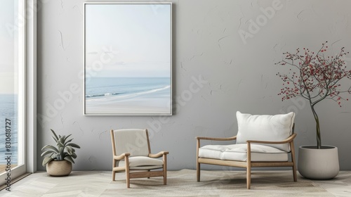 Frame mockup, envision the rhythmic waves of the sea, adding depth and movement to the interior design photo