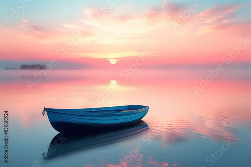 Wooden boat with pink sunrise beach horizon background