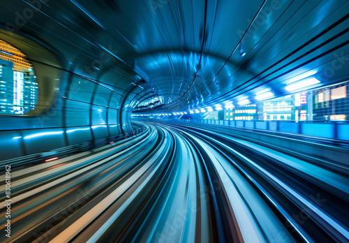 Blurred motion of train moving fast in futuristic Tokyo underground tunnel, blue and white theme, long exposure photography, wide angle 