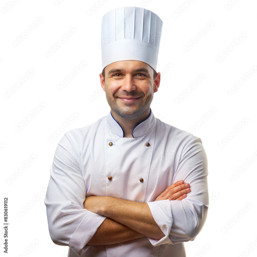 portrait of a chef standing and folded hands isolated on white background portrait of a chef standing and folded hands isolated on white background