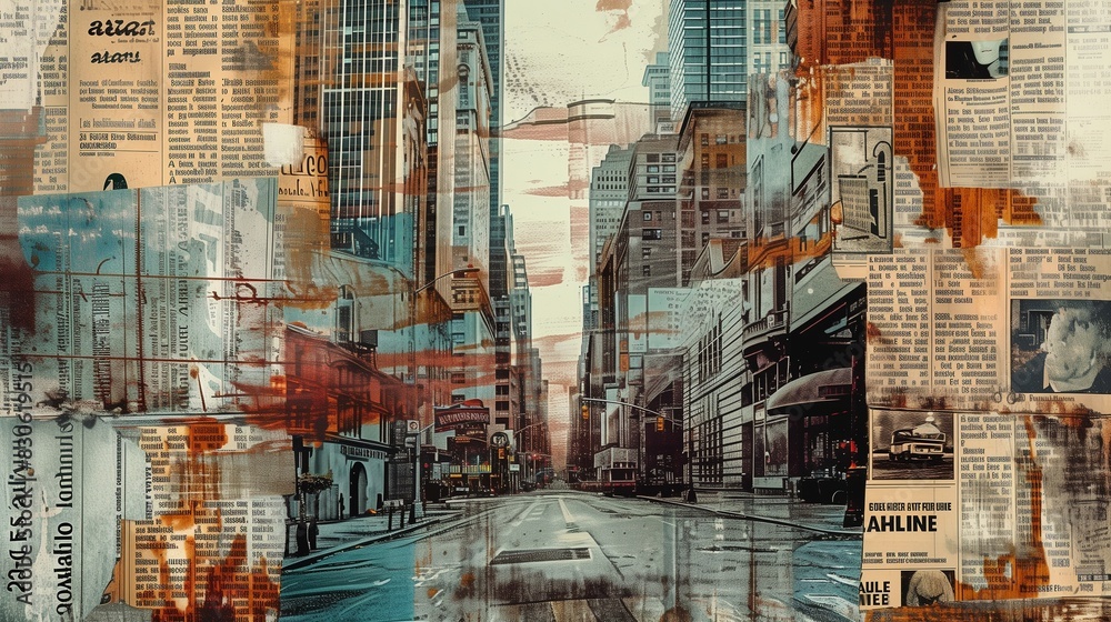 A collage of torn newspaper fragments forms the backdrop for a gritty urban landscape, their faded headlines and blurred images a testament to the transient nature of news and the passage of time. A collage of torn newspaper fragments forms the backdrop for a gritty urban landscape, their faded headlines and blurred images a testament to the transient nature of news and the passage of time.