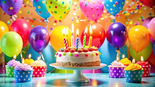Vibrant birthday party balloons and cake with candles on bright background