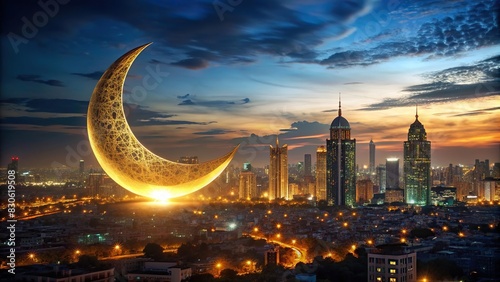 Ramadan crescent moon shining in the night sky over a city skyline photo