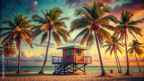 Vintage Miami beach poster with palm trees  lifeguard station  and ocean in retro aesthetic