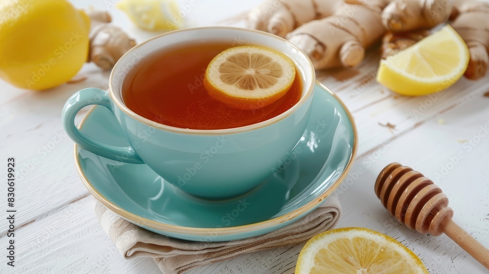 Ginger tea with lemon and honey served in a cup on a white wooden surface Ginger tea with lemon and honey served in a cup on a white wooden surface