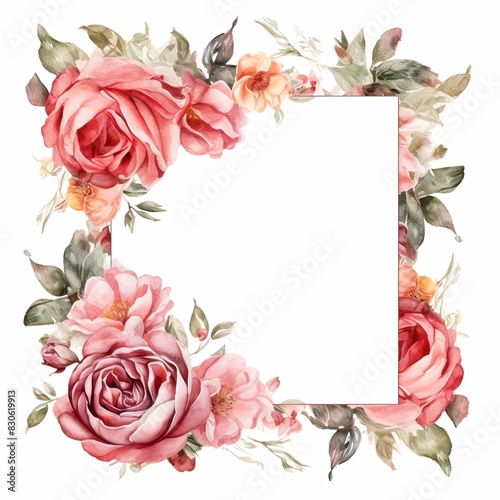 Rose floral frame watercolor clipart illustration on white background