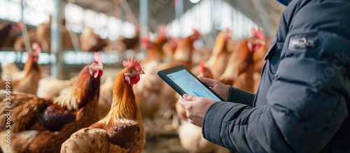 farmer using tablet in the modern indoor chickens farm