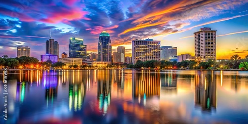 Orlando, Florida skyline at dusk with colorful city lights reflecting on the water photo