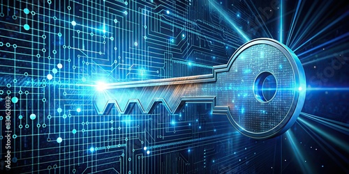 Abstract image of a key unlocking a digital lock, symbolizing passwordless login using generative technology photo