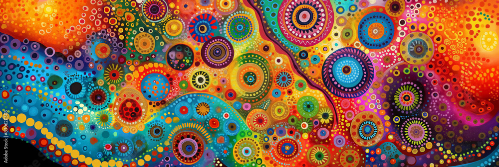 Abstract array of colorful circles and dots in various sizes, creating a mesmerizing pattern that flows across the canvas. Abstract array of colorful circles and dots in various sizes, creating a mesmerizing pattern that flows across the canvas.