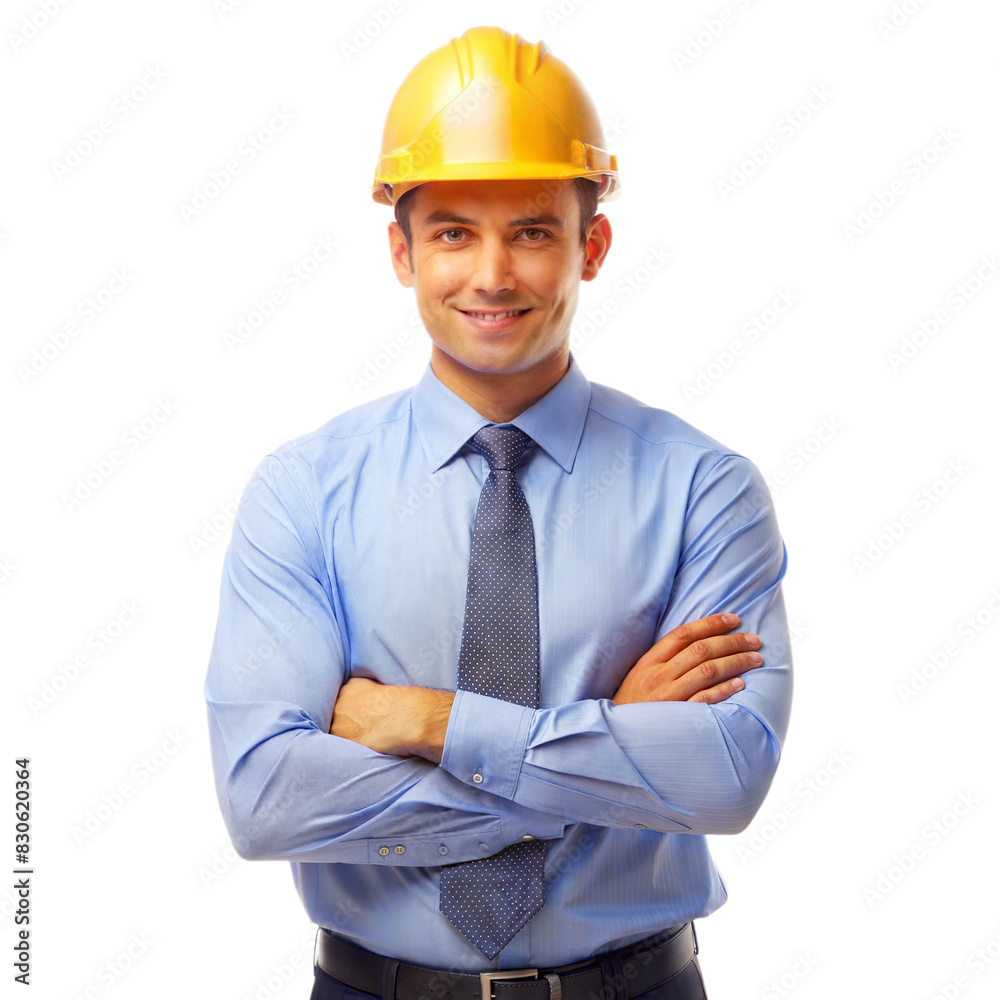 portrait of a smiling architect standing and folded hands isolated on white background portrait of a smiling architect standing and folded hands isolated on white background