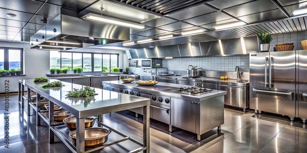 Sleek and stylish restaurant kitchen with modern appliances and stainless steel design