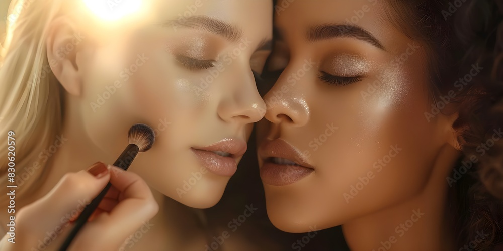 Closeup shot of two young women carefully applying makeup together. Concept Makeup application, Closeup shot, Young women, Friendship, Beauty routine Closeup shot of two young women carefully applying makeup together. Concept Makeup application, Closeup shot, Young women, Friendship, Beauty routine