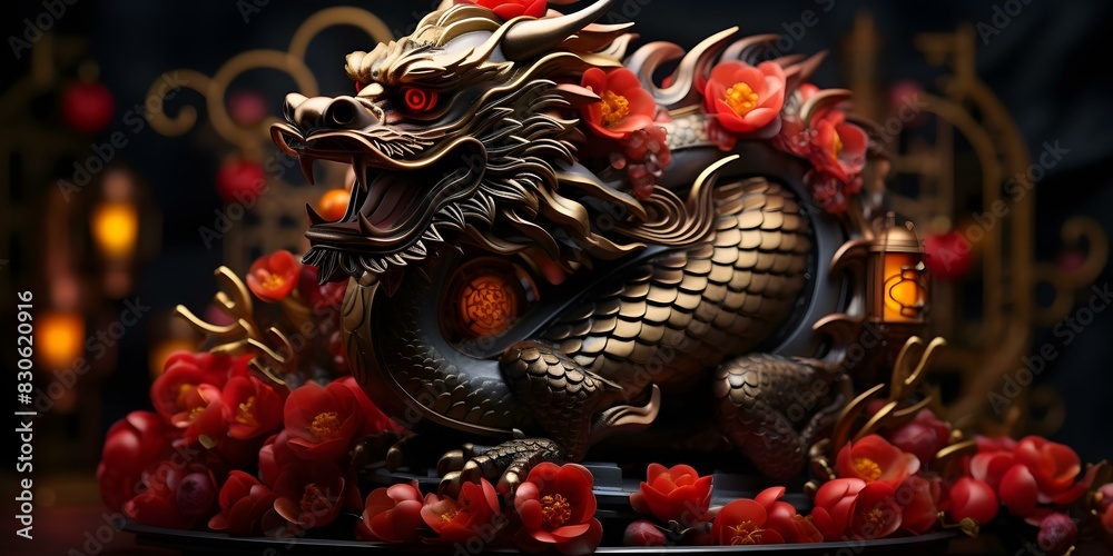 Fototapeta premium Chinese New Year 2024 with dragon zodiac sign lanterns red and gold. Concept Chinese New Year 2024, Dragon Zodiac Sign, Lantern Decorations, Red and Gold Theme