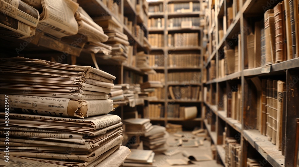 A forgotten library is filled with shelves lined with dusty volumes and stacks of vintage newspapers, their faded pages hinting at a wealth of untold stories and forgotten lore. A forgotten library is filled with shelves lined with dusty volumes and stacks of vintage newspapers, their faded pages hinting at a wealth of untold stories and forgotten lore.