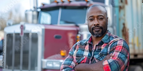 Proud Black truck driver standing next to large truck. Concept Truck driver, Proud, Black, Large truck, Standing