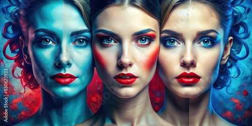 Artistic of multiple versions of a woman's face in red and blue photo