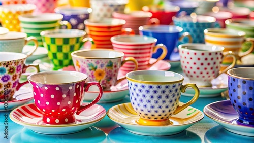 Collection of colorful tea cups arranged in a row on a background