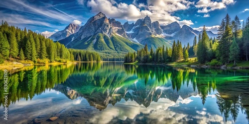 Majestic mountains reflected in a crystal clear lake surrounded by lush forests