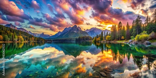 Crystal clear lake reflecting the colorful sky in a fantasy world