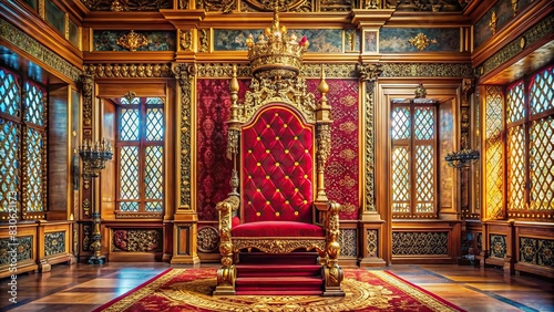 Empty king's throne in a majestic court with intricate designs and rich textures