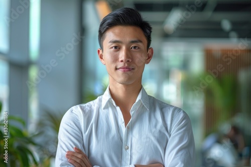 portrait of successful asia american young businessman consultant looking at camera and smiling.