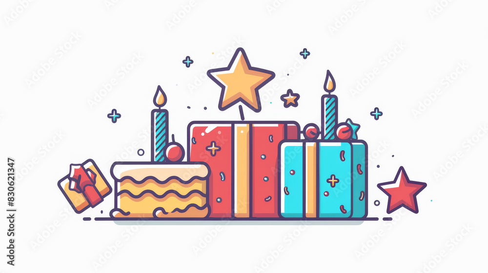 Colorful Birthday Celebration with Gifts, Candles, and Stars Colorful Birthday Celebration with Gifts, Candles, and Stars