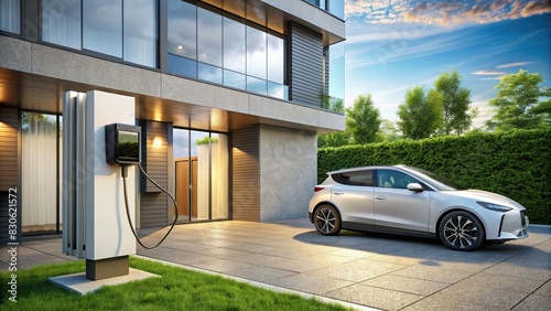 Generic electric hybrid car charging from wallbox at modern residential building photo