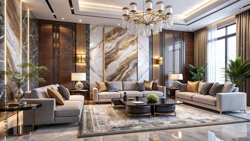Luxurious living room interior with marble walls and chic modern design photo