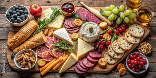 Assorted cheeses, charcuterie, crackers, fruits, and condiments on a rustic wooden board photo