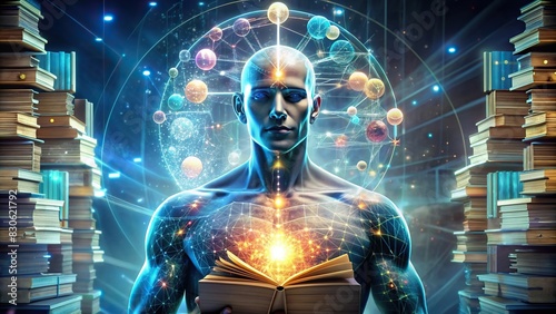 Futuristic graphic of a man made of books and scientific symbols representing knowledge and science photo
