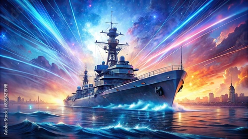 Abstract digital of a battleship on a background photo