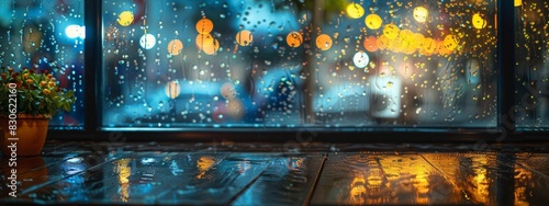 A cozy cafe window at night  with bokeh lights from streetlamps reflecting on the wet pavement outside.