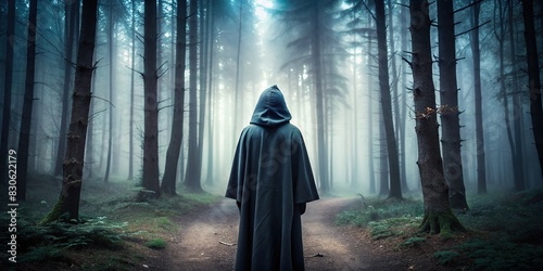 Hooded figure standing alone in a dark forest photo