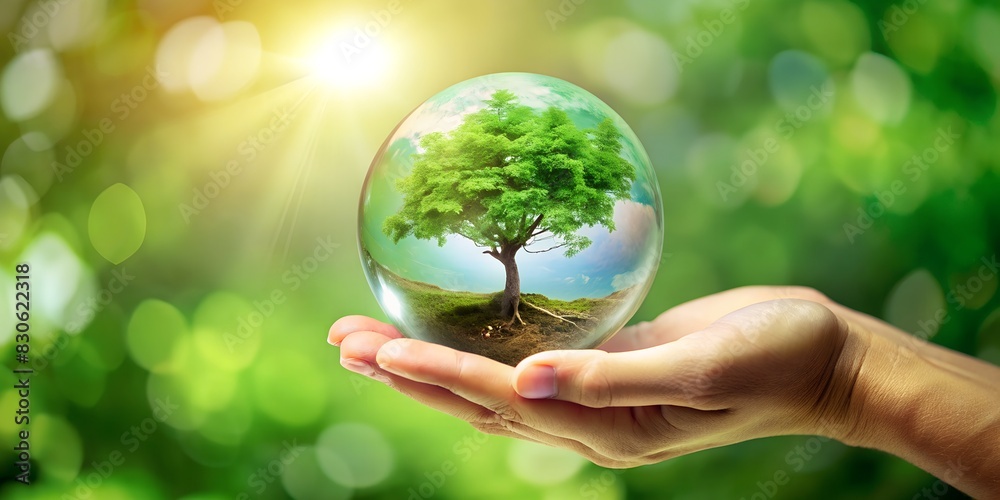 Hand holding glass globe ball with tree growing. Eco concept. World environment day