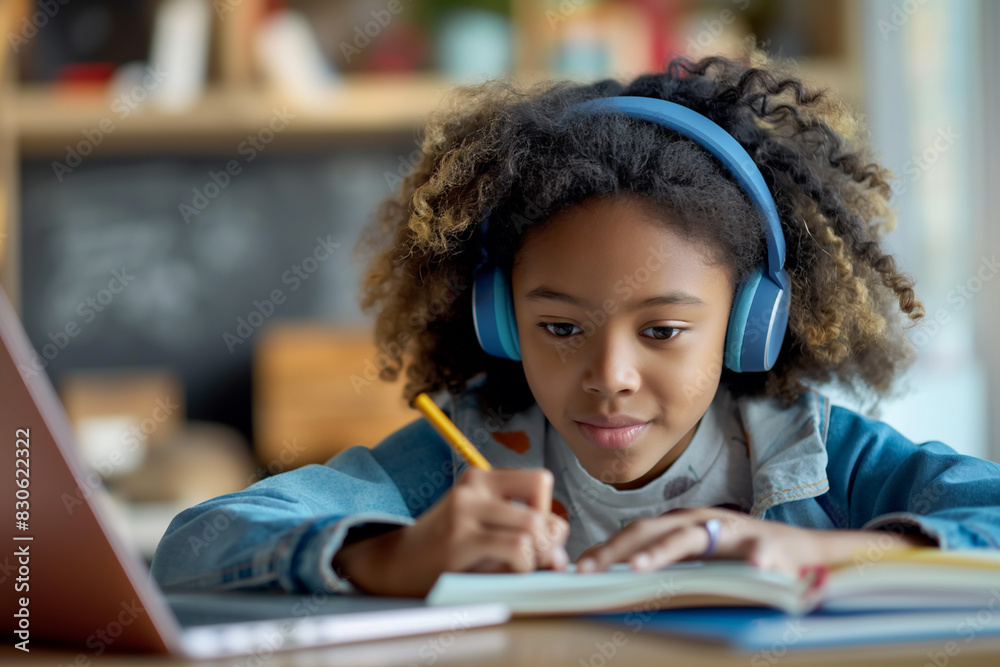 Happy black girl with curly hair wearing headphones doing homework at home using a laptop and writing notes in a notebook Happy black girl with curly hair wearing headphones doing homework at home using a laptop and writing notes in a notebook